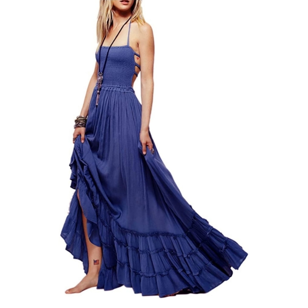 Womens Summer Cotton Sexy Blackless Long Dresses
